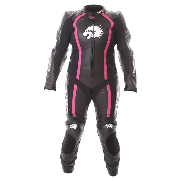 BKS Dakota 1 Piece Ladies Black Pink Leather Motorcycle Suit Front