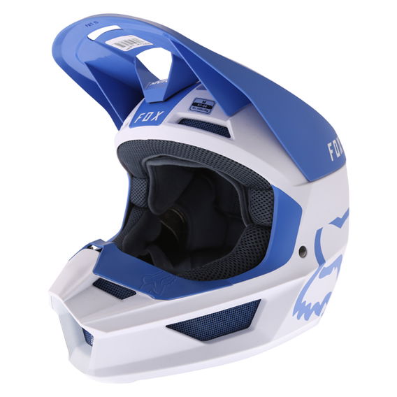 Fox V1 Mata Blue White Motocross Helmet Front Left