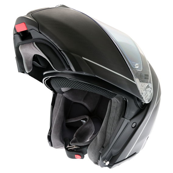 AGV Sports Modular Refractive Helm Carbon Silver Flip Front Motorcycle Helmet Flip Open