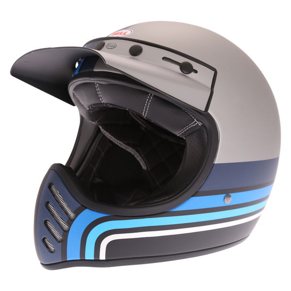 Bell Moto-3 Stripes Silver Black Blue Adventure Motorcycle Helmet Front Left