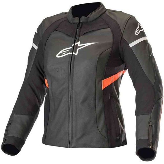 Alpinestars Stella Kira Ladies Black Red Fluo Leather Motorcycle Jacket Front