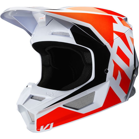 Fox V1 Prix White Fluo Orange Motocross Helmet Front Left